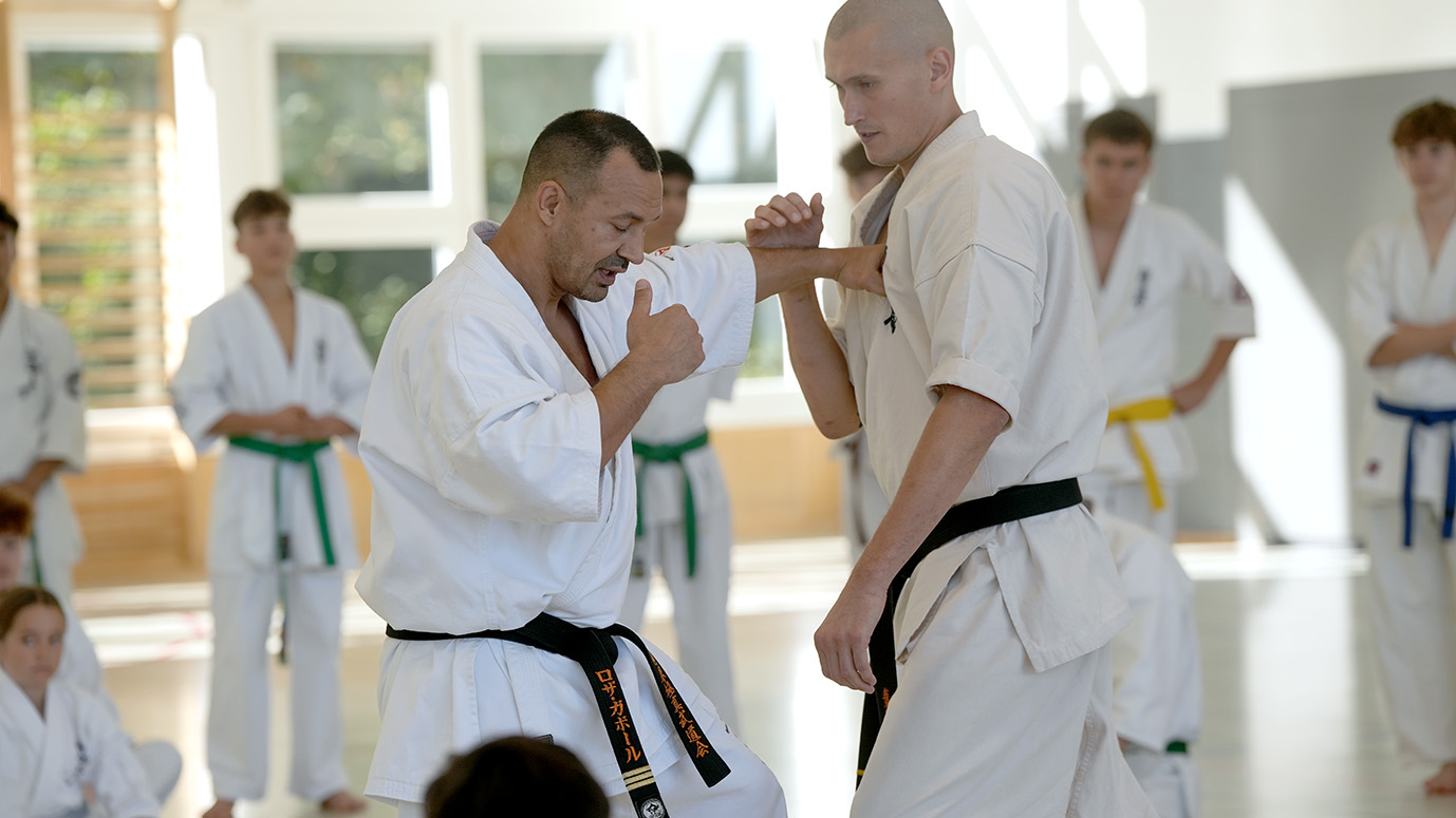 Gábor Rózsa Sensei demonstrating an explosive kumite technique with a participant