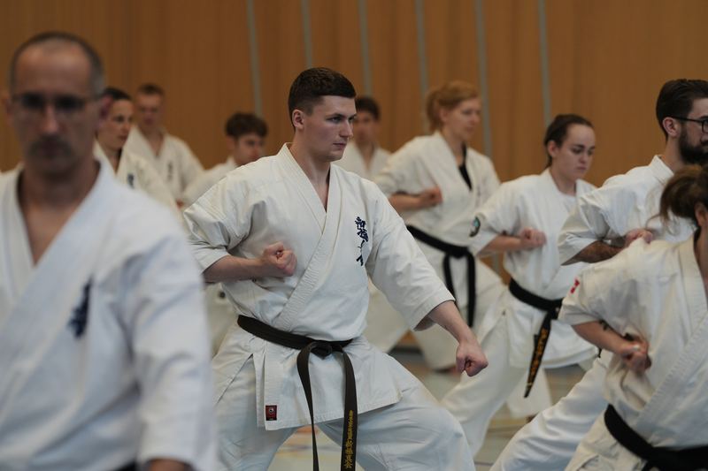 Black belts practising a sequence together