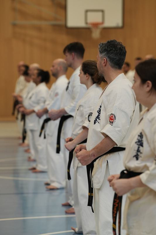 A row of participants practising together
