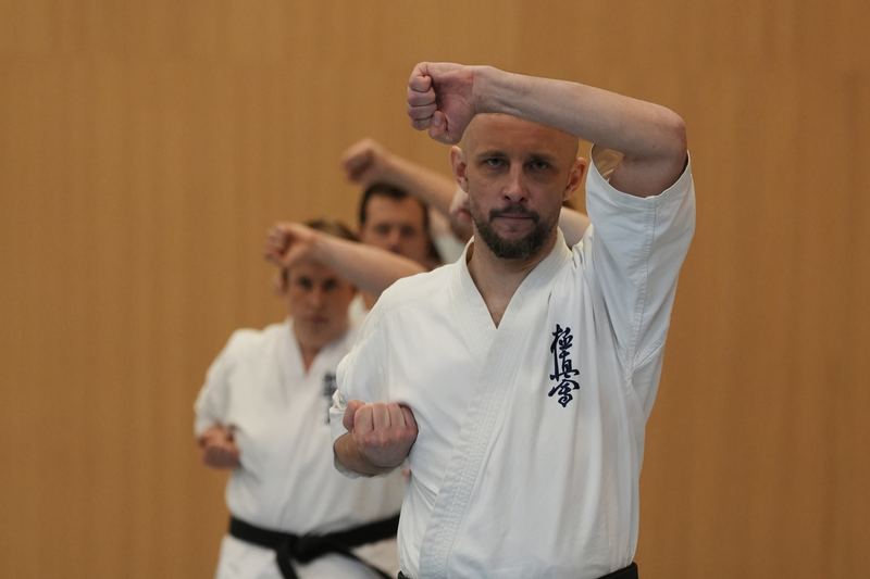 Close-up of a karateka in a blocking technique