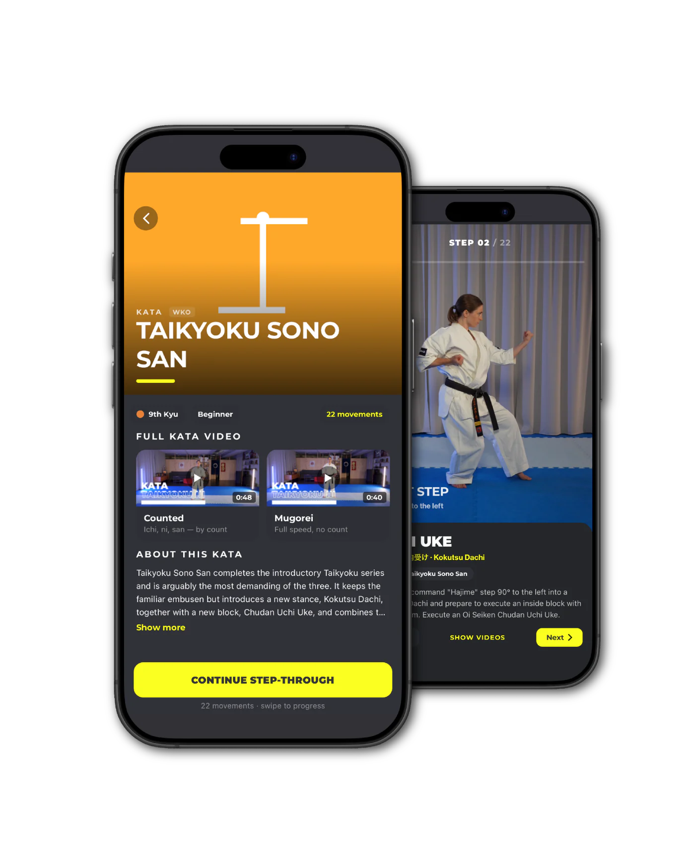 Step-by-step Kyokushin kata section in the dojoHUB app
