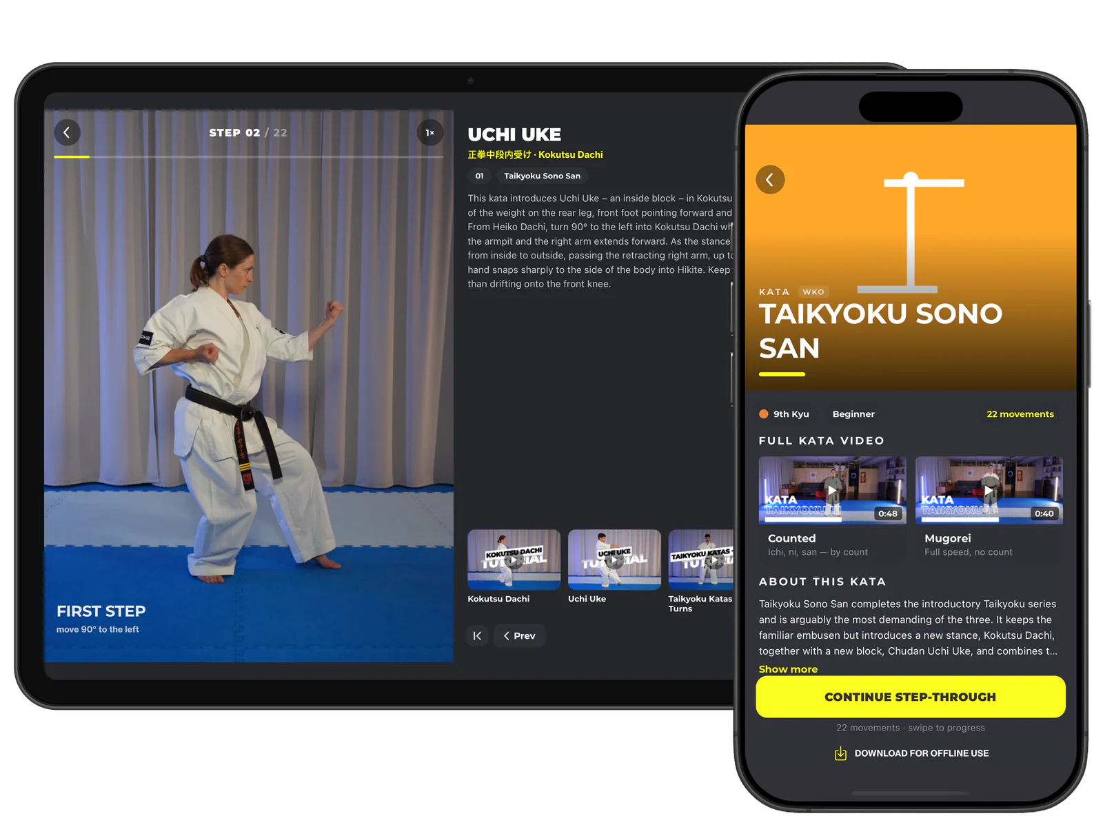 Kata step by step on iPad in landscape and the kata page on iPhone in dojoHUB 1.4.0